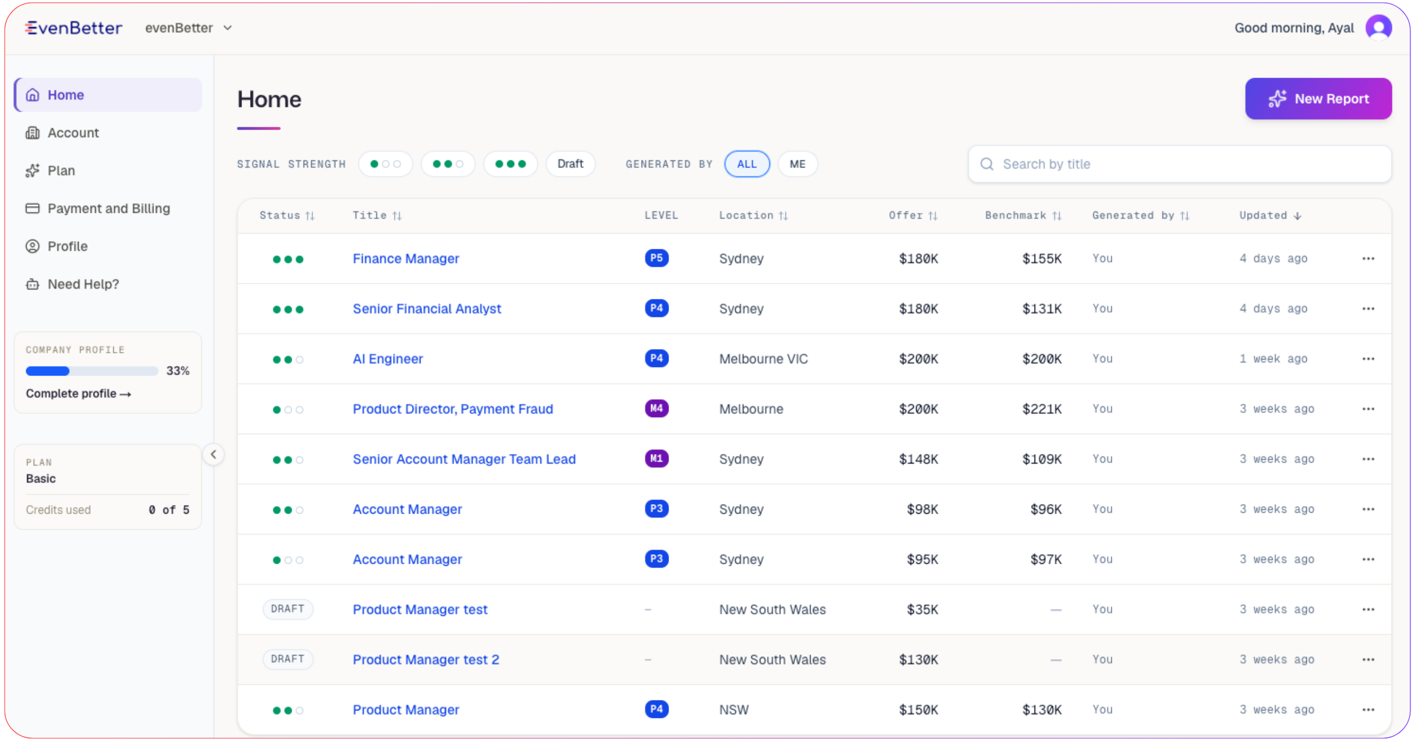 Reports step — past benchmark reports listed in the account